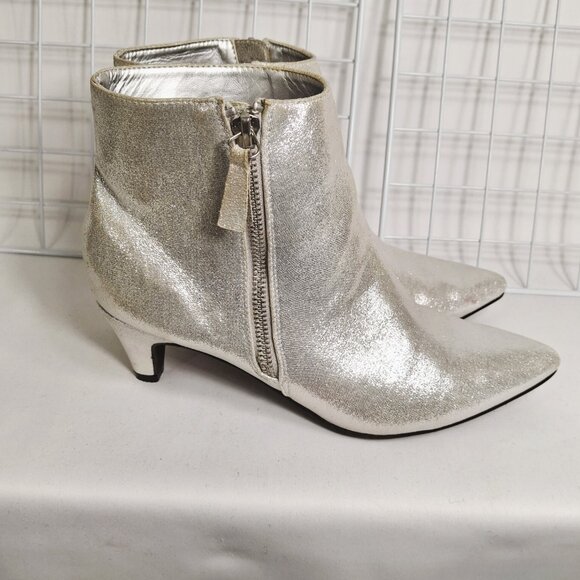 Silver Kitten Heel Pointed Toe Ankle Boot Bootie Metallic Glitter Sz 8 Zipper - Picture 9 of 14